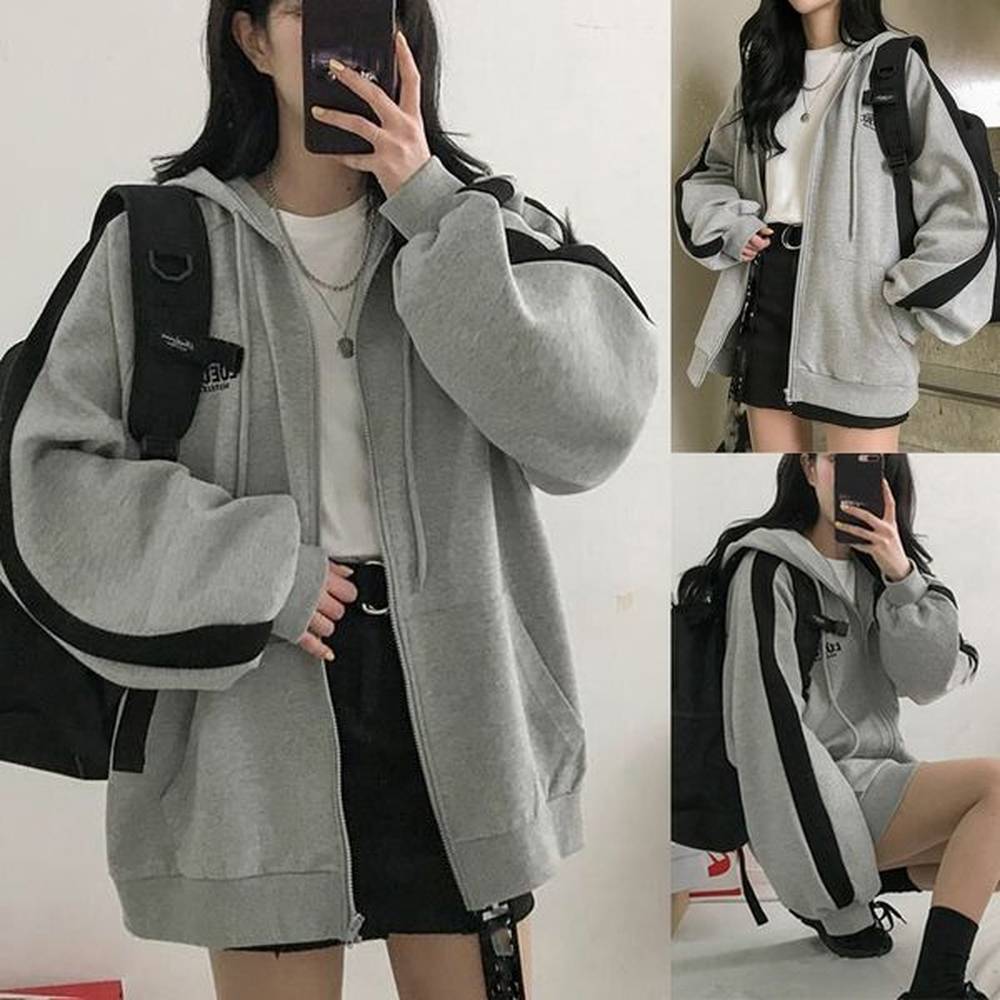 harajuku style gray oversize student outwear fashion women splicing hooded