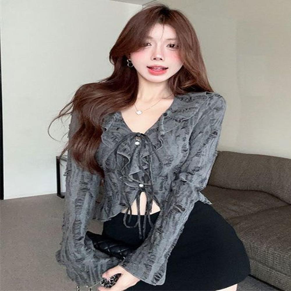 haruku hole women grey blouse streetwear ruffles long sleeve yk