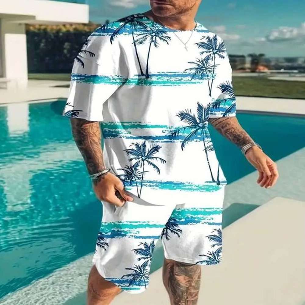 Hawaii mens street oversized summer mens clothing 3D printed maple leaf mens T-shirt two-piece set mens sportswear set W240902
