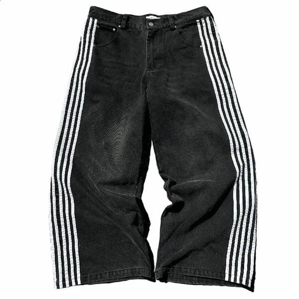 HCW Hip Hop Side Stripe Baggy Jeans For Men Punk Rock Vintage Embroidered Black Denim Pants Women High Waisted Y2k Trousers 240821