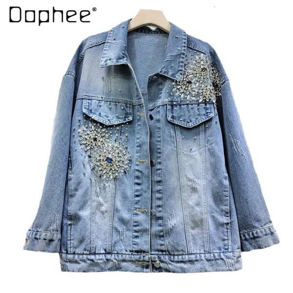 heavy industry beads diamondembedded denim coat female spring autumn street