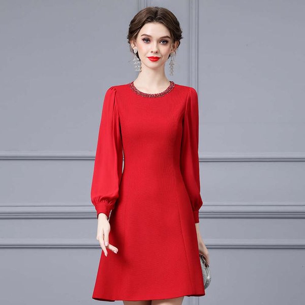 heavy industry nail bead round neck dress autumn new