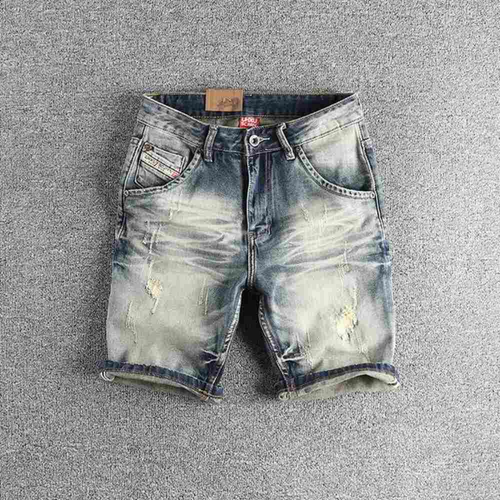 Heavy retro wash cat beard hole denim shorts men slim small straight leg European and American trend summer quarter pants 250110