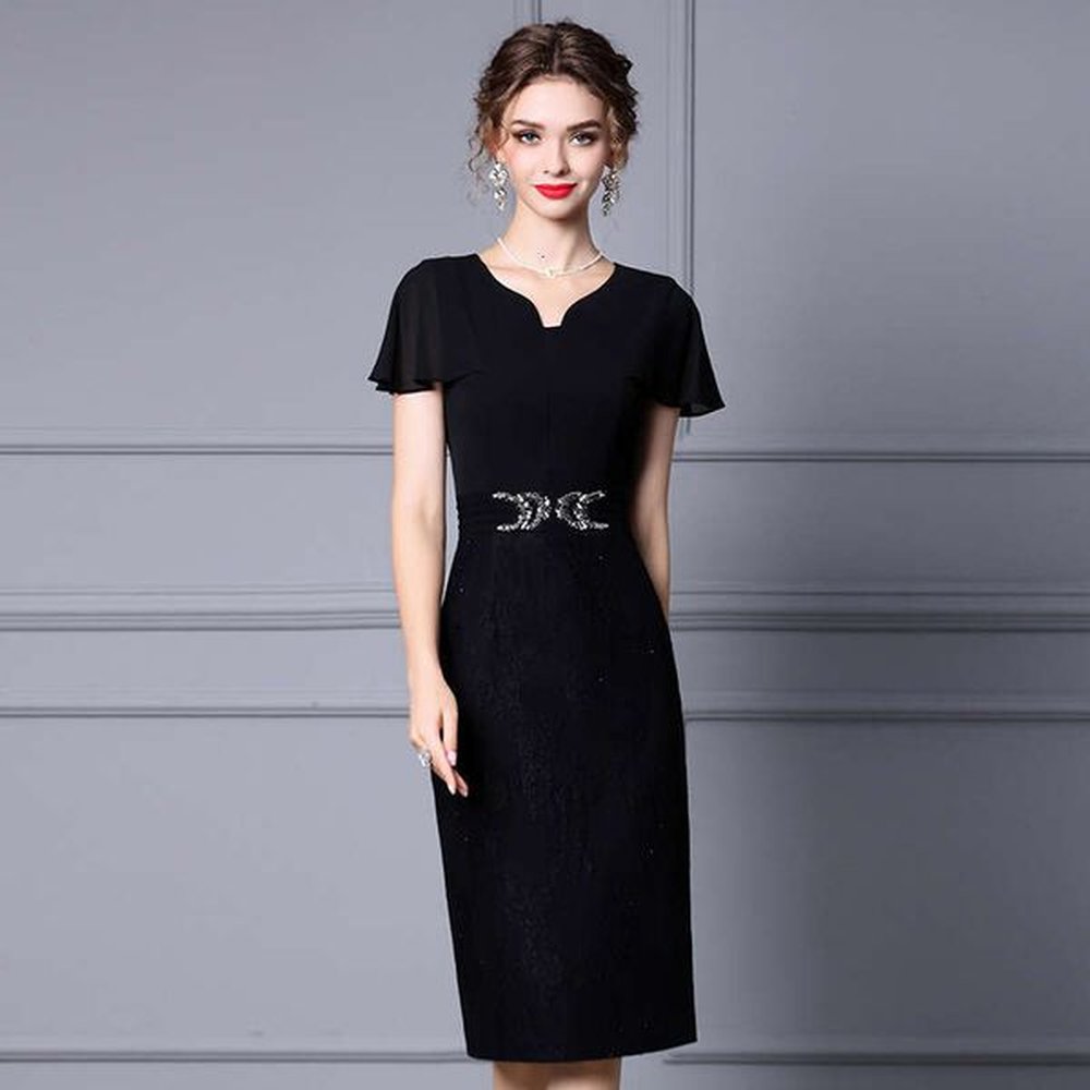 hepburn style mid length dress summer new item black