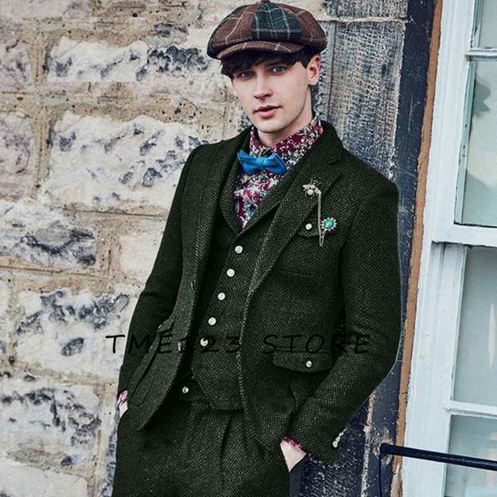 Herringbone Pattern Mens Wool Blend 3-Piece British Casual Evening Dress Suit