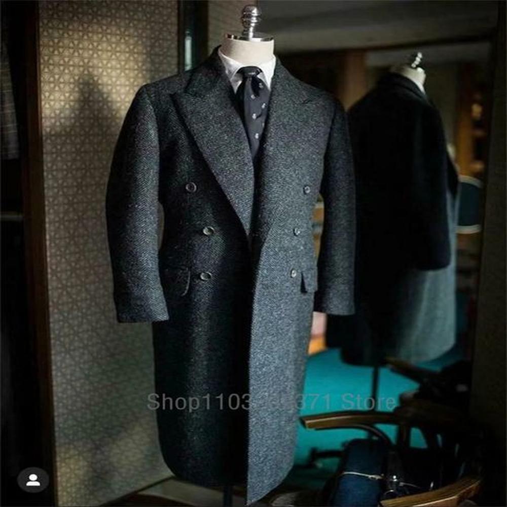 Herringbone Suit Jackets Men Tweed Wool Blend Trench Coat Long Double Breasted Overcoat Military Business Blazer Tailore Made 240911