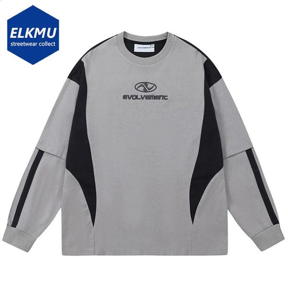 Hi Street Long sleeved Tshirt Color Block Splicing Work Extra Large Hip Hop Harajuku Mens Clothing Loose Casual Top Y2K 240810