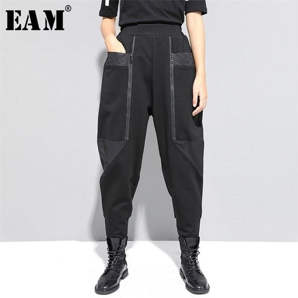 high elastic waist black zipper split long harem trousers loose