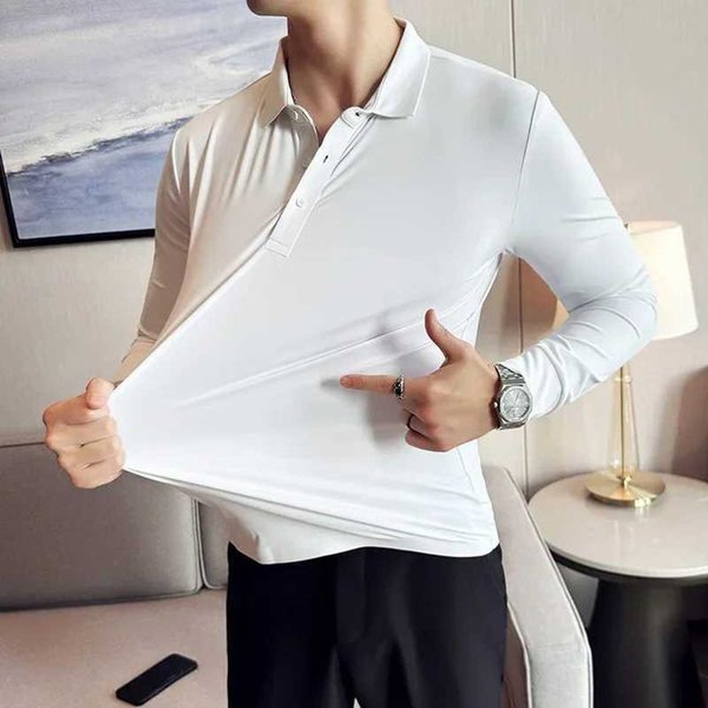 High Elasticity Men POLO Shirt 2023 Autumn Base Tops Ice Silk Fabric Solid Casual Long Sleeve POLO Shirt Casual Slim Fit T ShirtX240912