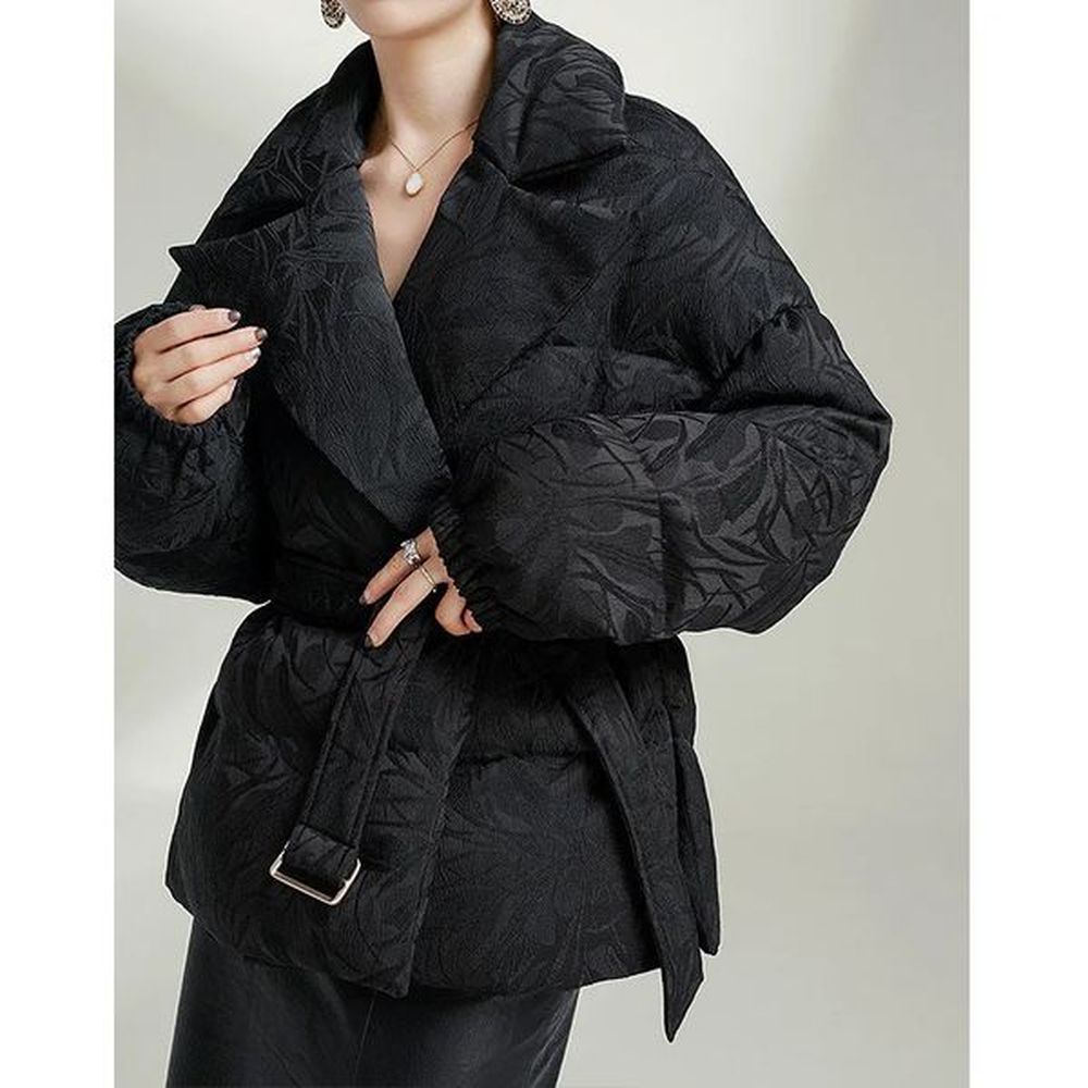 high end down jacket with dark color pattern and waist
