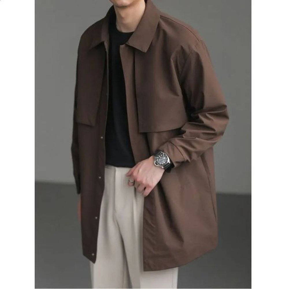 High end Korean fashion mid length windproof jacket mens autumn item loose casual lapel slotted 240815