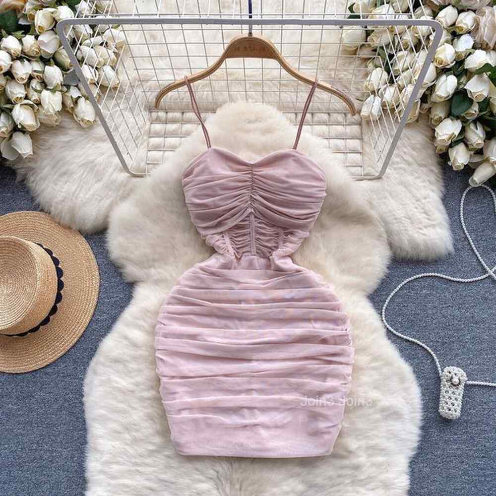 high end suspender dress womens scheming pleated elastic mesh sexy