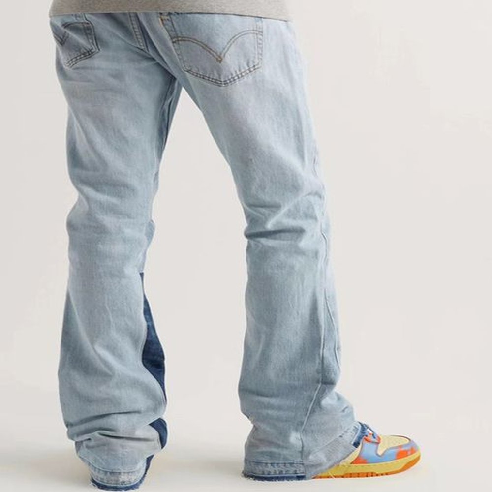 High Mens Jeans Trendy Street Pants Fashion Designer Blue Denim Flared Pant Youth Rivet Print Patch White Jean Embroidery Boys Kecks High Qu