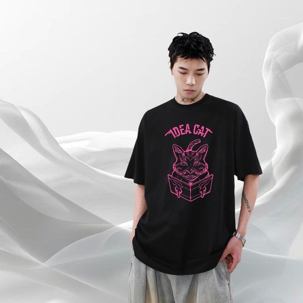 High Quality Couples T Shirts 230g 100% Cotton Anime Printing Street cat Asian Size Breathable Short Sleeve New Designer T-Shirts for Men Cl