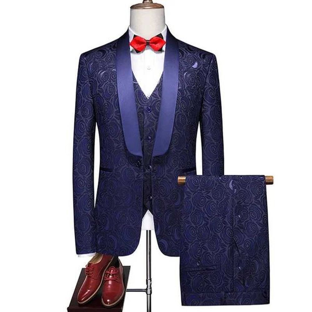 2024 High quality Korean version wedding blue and white dress (suit + vest + trousers) handsome slim three-piece setXJ241207