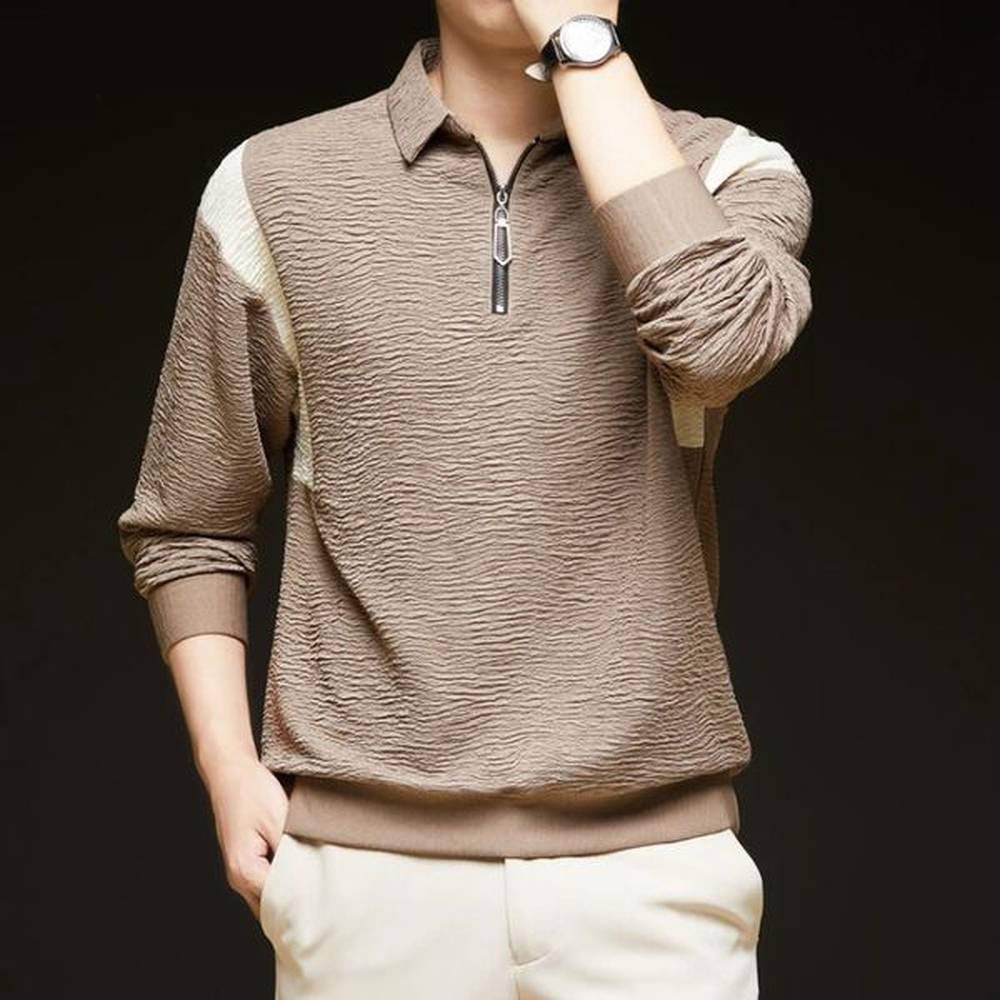 High quality mens polo shirt with good texture and feel half zipper suitable for business and leisure autumn and winter season long sleeved