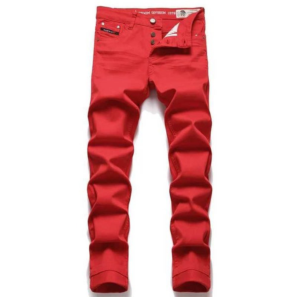 High Quality Mens red simple trend stretch slim pants mid waist fashion embroidery high-end brand jeans street hip-hop clothing T241207