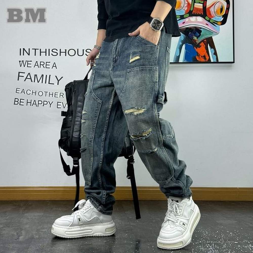 High Quality Ripped Patch Baggy Jeans Korean Fashion Loose Men's Clothing Streetwear Denim Cargo Men Pants Haruku Trousers