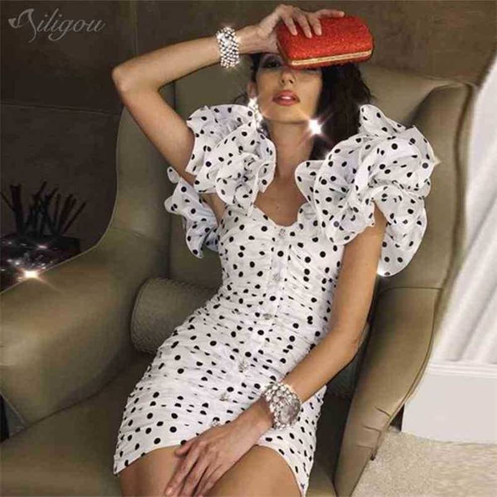 high quality ruffled polka dot vneck mini dress women elegant