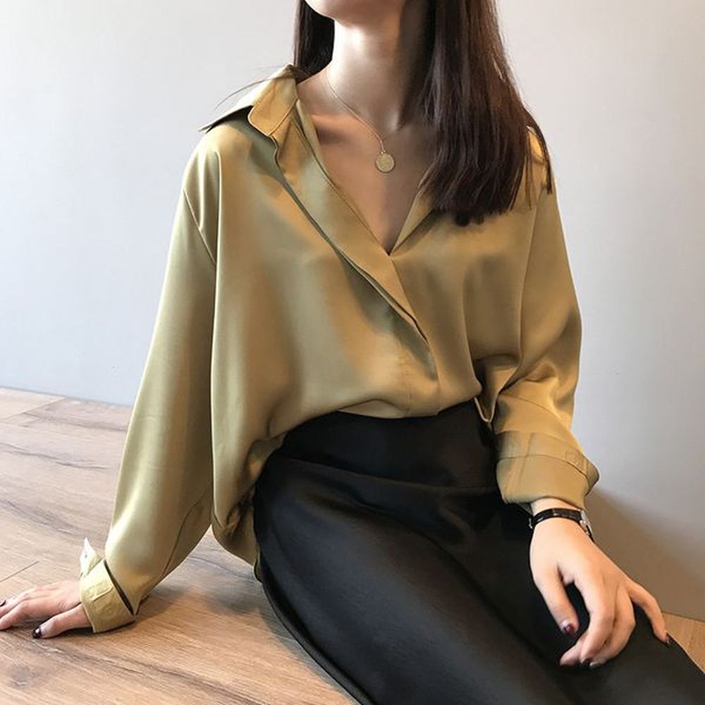 high quality stain womens shirt office lady turn down collar
