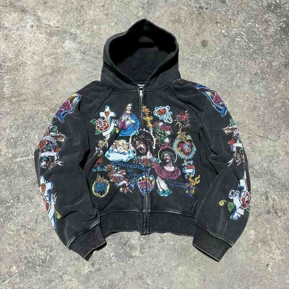High Quality Y2k Retro Black Risen King Cropped Zip Up Hoodie Gothic Graphic Washed Hoodies for Men Women Sweatshirt Streetwear 241031