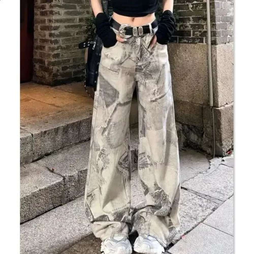 high street fashion personality retro printed thin jeans for women