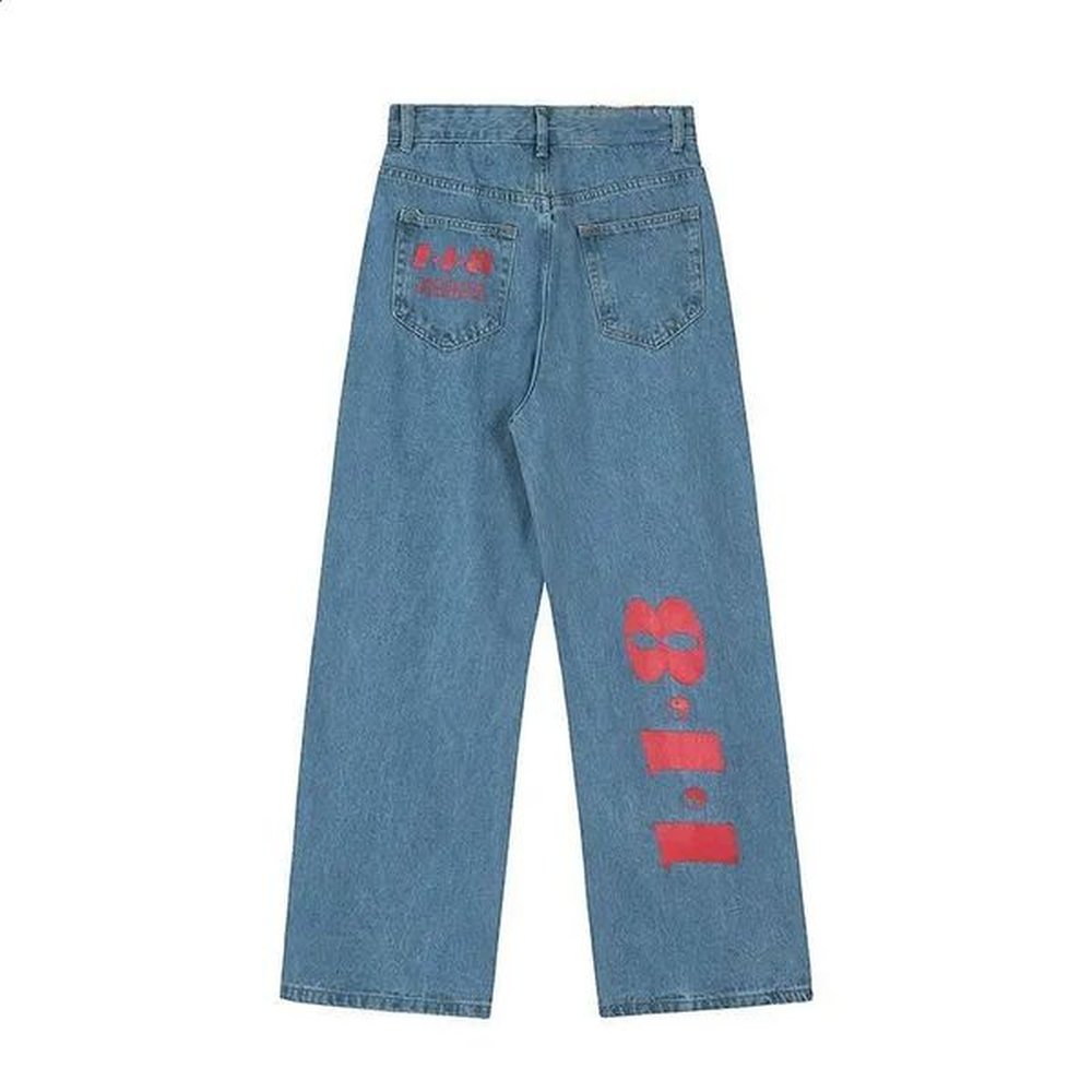 High Street Hip-Hop Letter Printed Jeans Y2K American Retro Loose And Versatile Wide-Leg Mopping Pants For Men And Women 240819