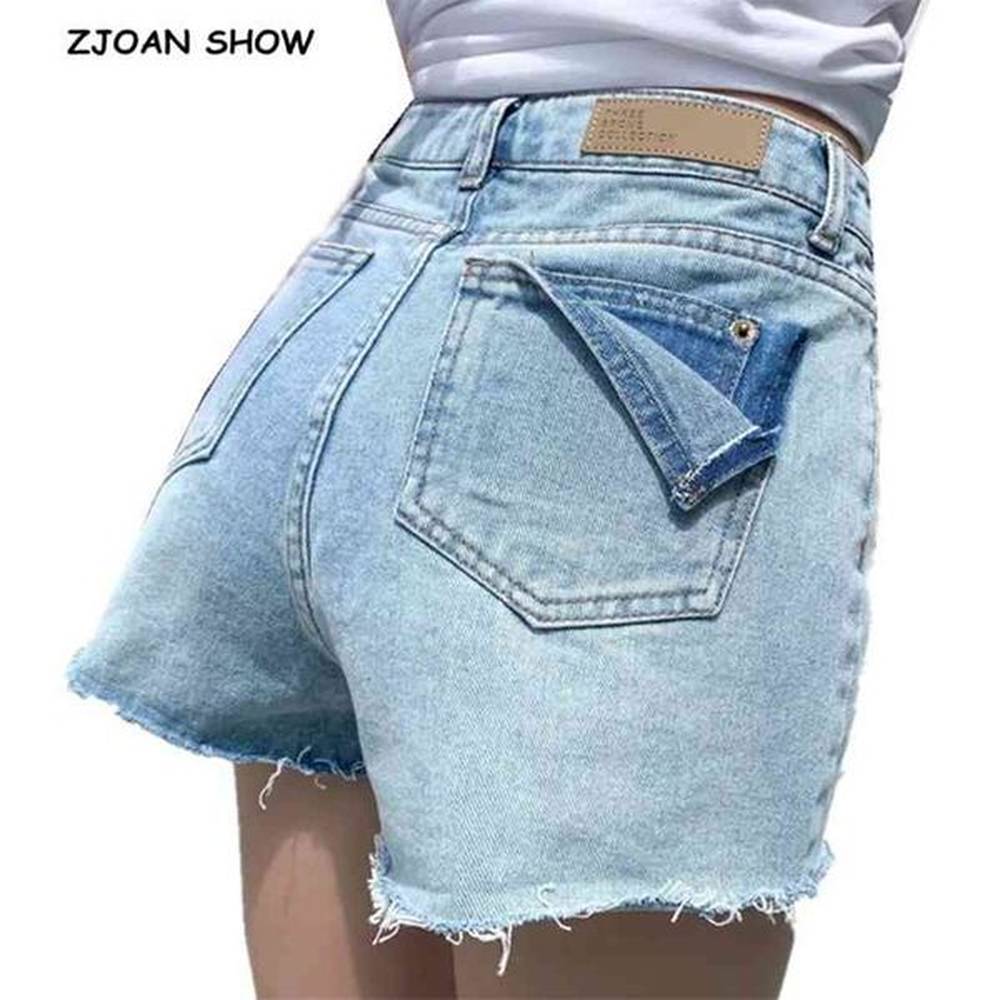 high street waist break off pocket tassel cuffs denim shorts