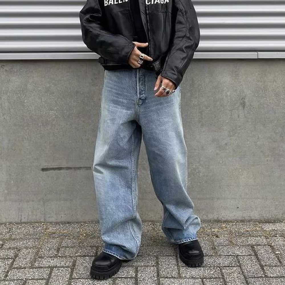 High street washed blue wide leg pocket jeans suitable for men and women straight Ropa Hombre Y2k denim pants oversized loose pants 241204