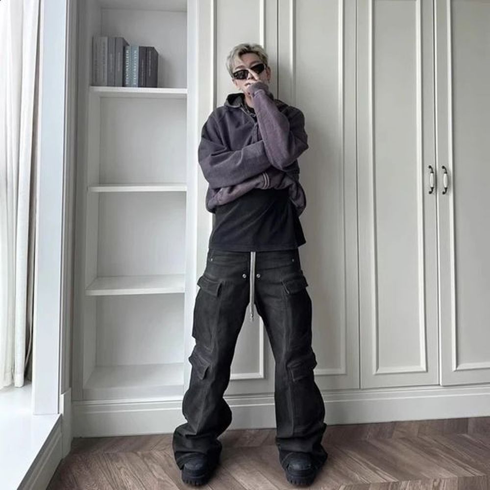 High Street Wide Leg Trousers Multi Pocket Smoke Washed Balck Cargo Jean Mens Half Zip Distressed Wide Denim Jeans Baggy Male 240814