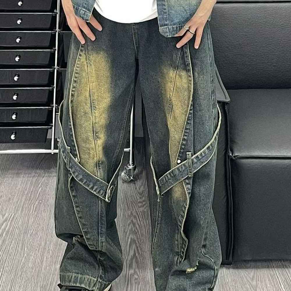 High Trendy Washed Structure Strap Jeans with American Street Design Gradient Splicing Pants