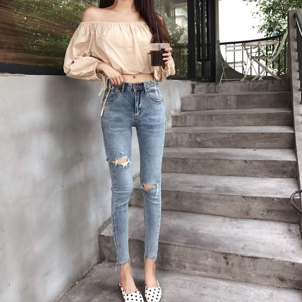 high waist elastic skinny jeans woman hole ripped denim pencil