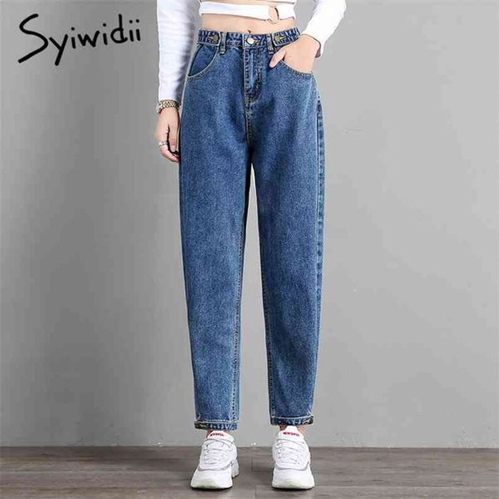 high waist jeans snow wash mom button bleached harem pants