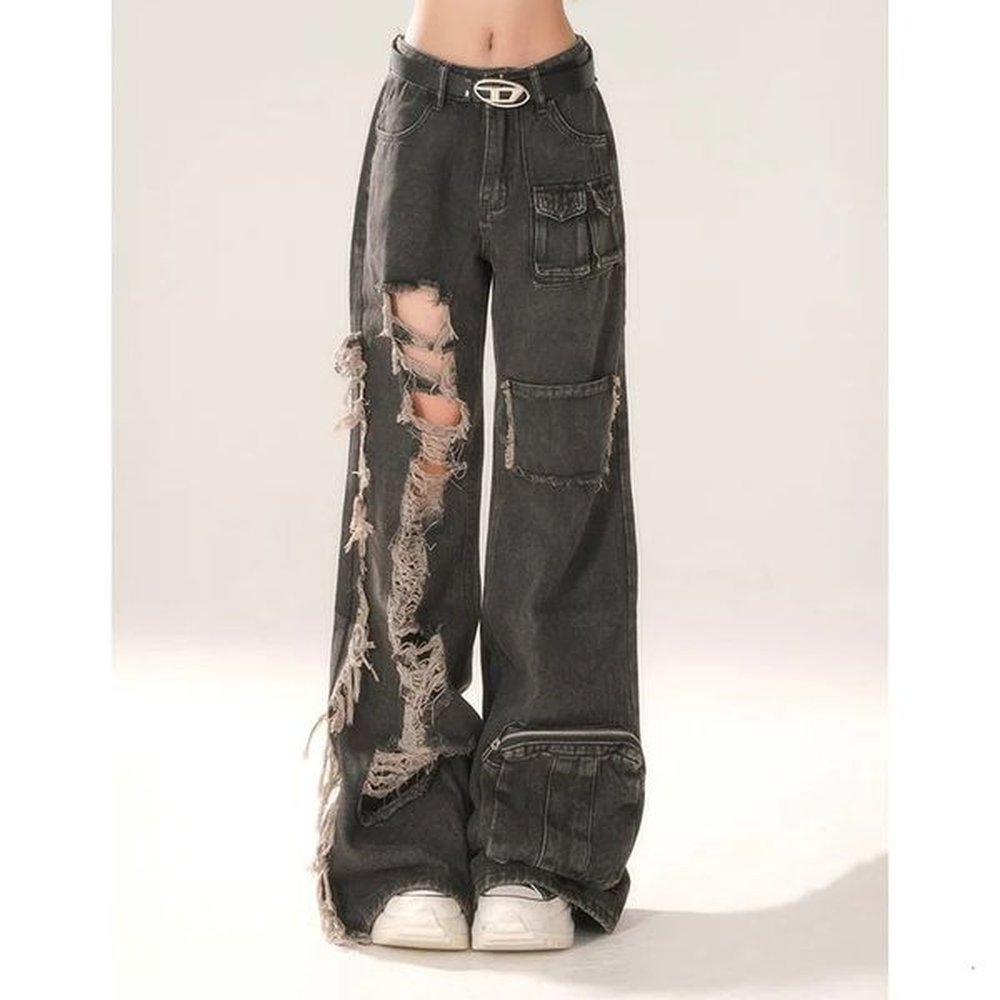 high waist ripped womens black jeans hiphop style fashion vintage