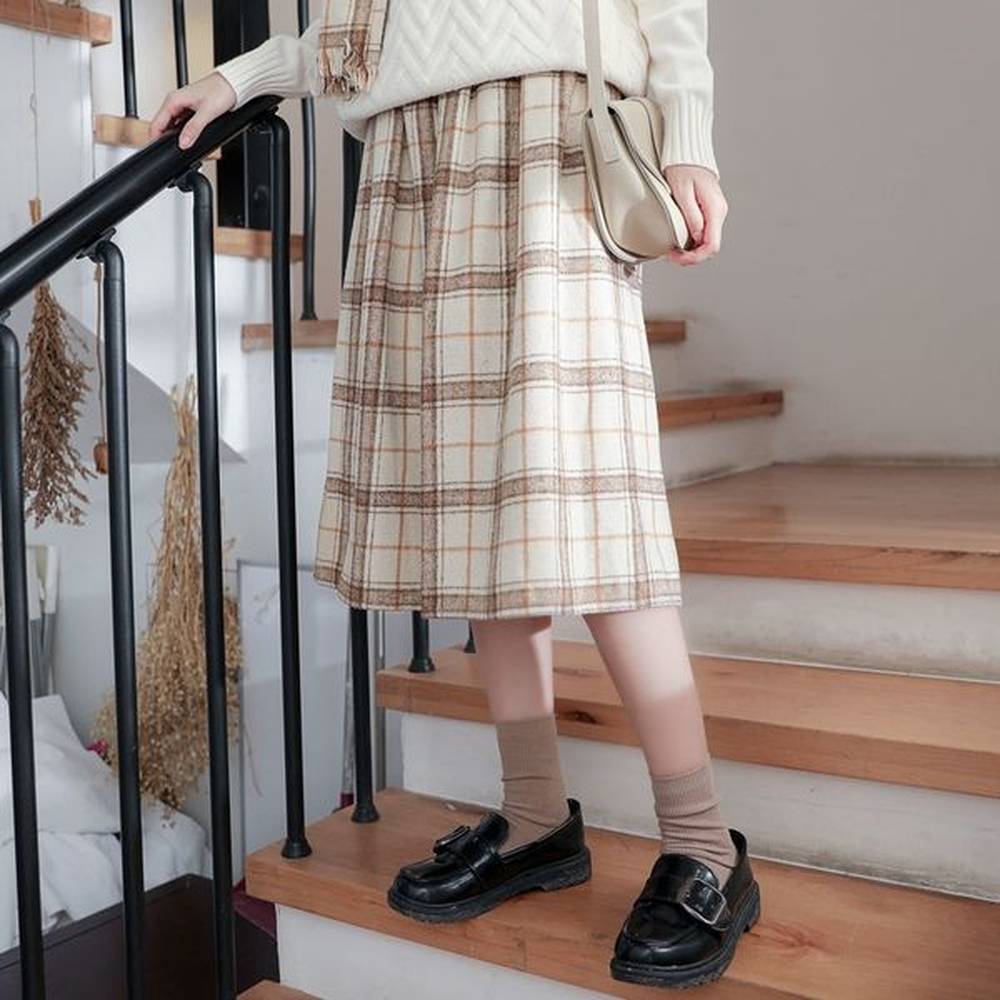high waist vintage plaid midi skirts saia mori girl cute