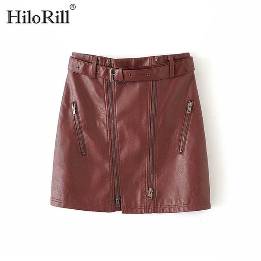 high waist with belt faux leather skirt women pu solid