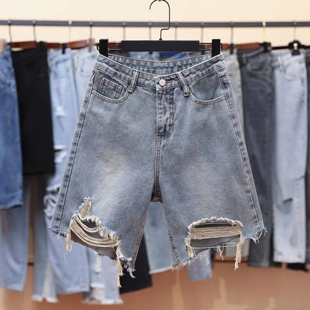 high waist women denim shorts summer hole ripped loose casual