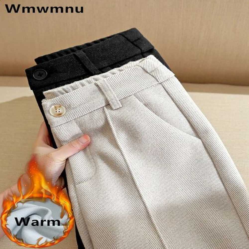 high waist wool blend pants women winter thicken plush lined