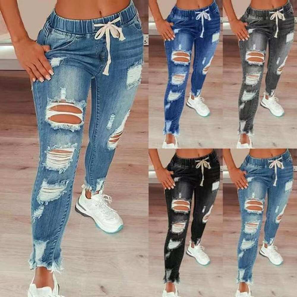 high waisted distressed elastic waist drawstring jeans for women