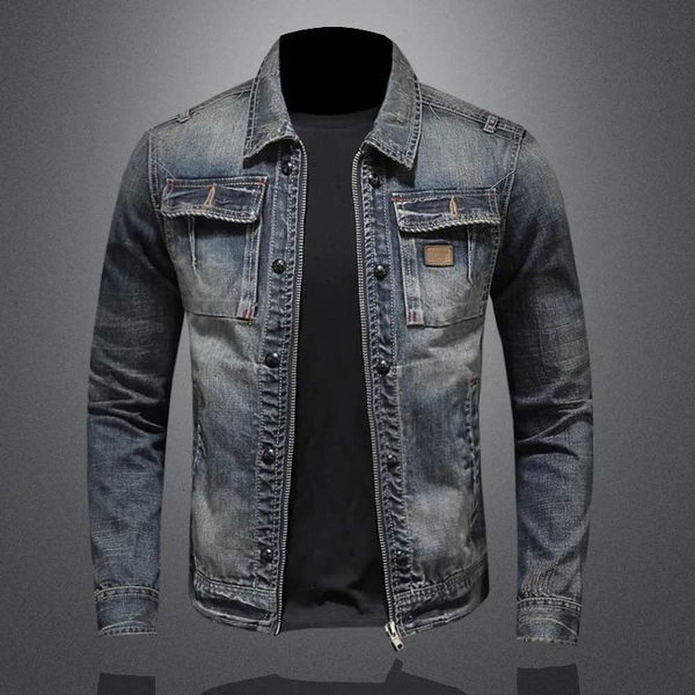 2023 High-End Fashion Everything With Handsome Personality Zipper Motorcycle Men's Lapel Vintage Denim Jacket M-5Xl