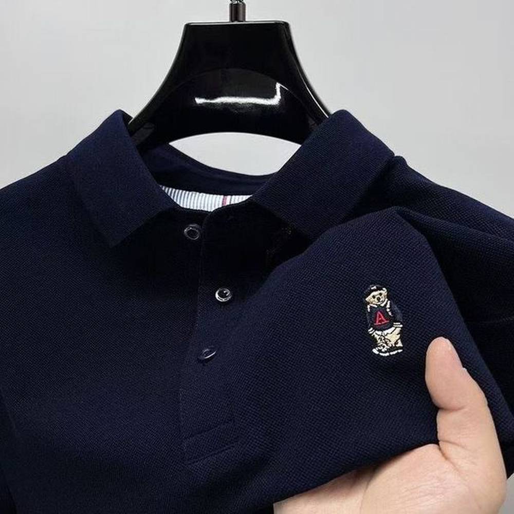 High-End Mens Cotton with Lapel Design Bear Emblem for Summer -Casual Short Sleeves Casually Elegant Cotton Options Available