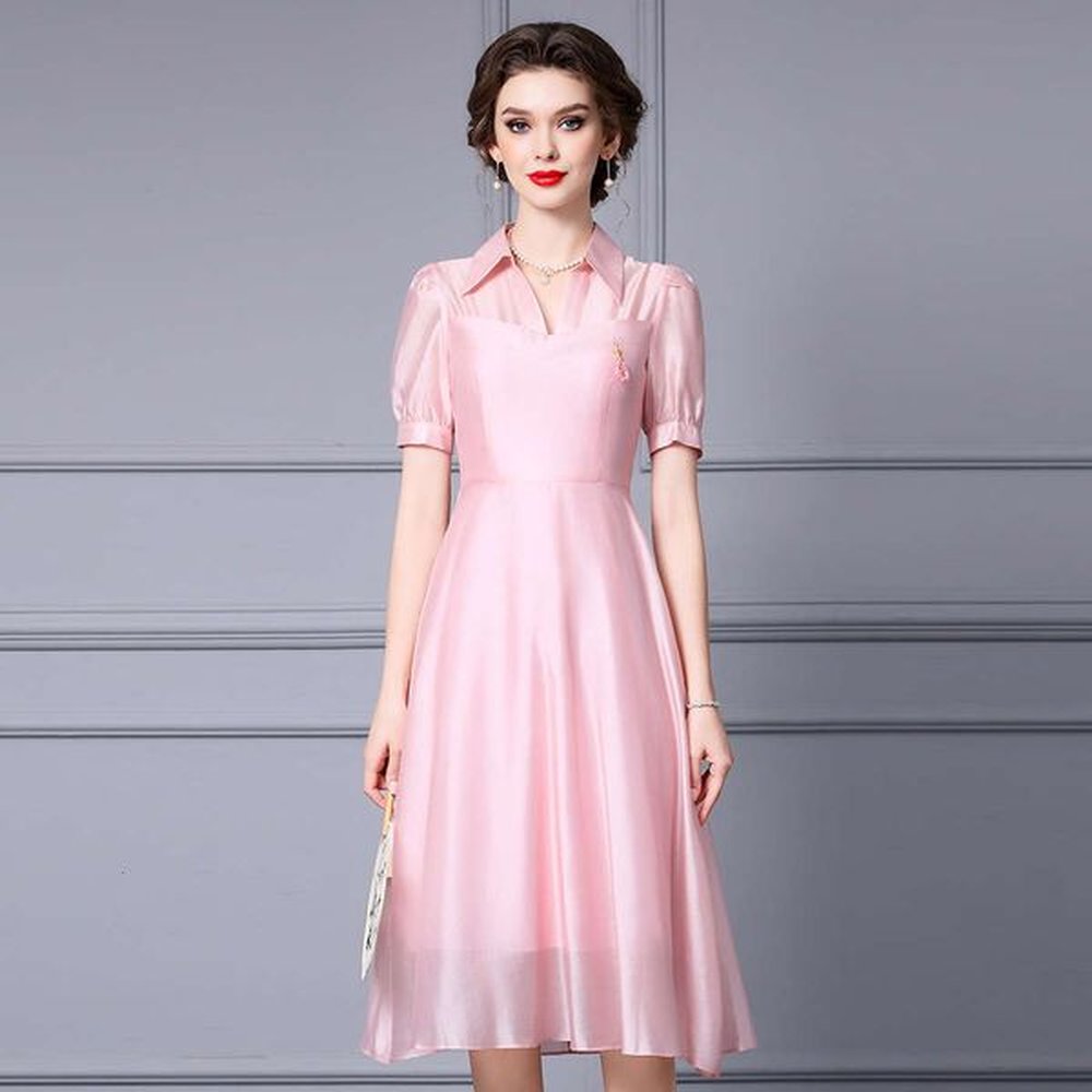 highend pink dress summer high waisted belly covering shirt collar
