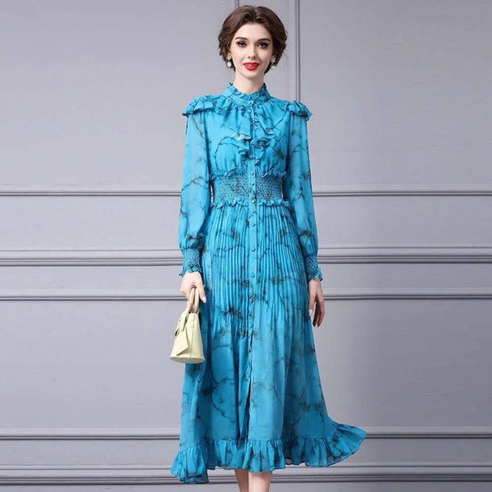 highend printed dress new model with mushroom edge pleats