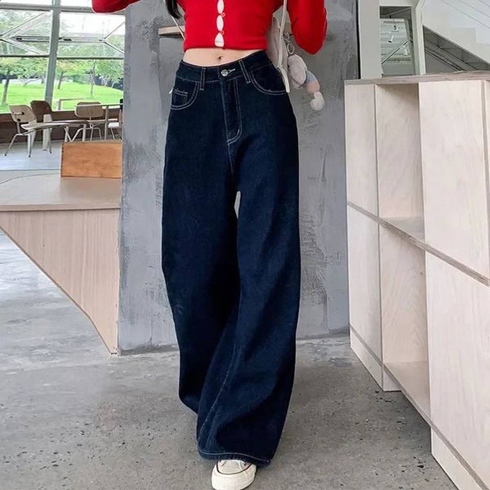 highwaisted loosefit casual jeans womens american style breadth blue wideleg