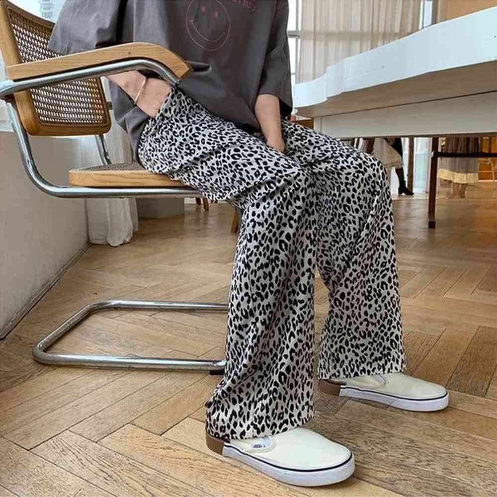 highwaisted slimming leopard slipon pants casual loosefit draped straightleg wideleg