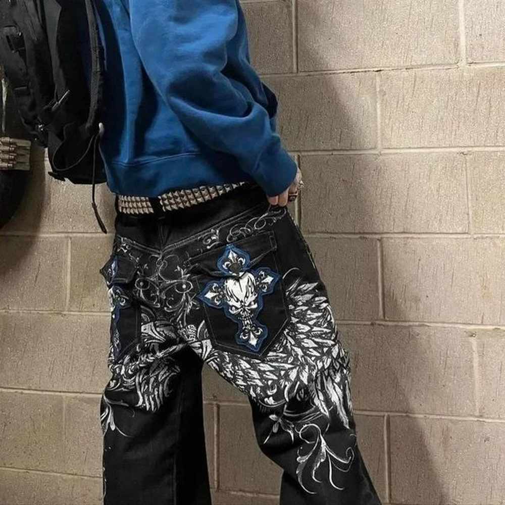 Hip Hop Fashion Y2k Street High Waist Gothic Skull Geometry Men Jeans American Retro Couples Straight Loose Pants 250117