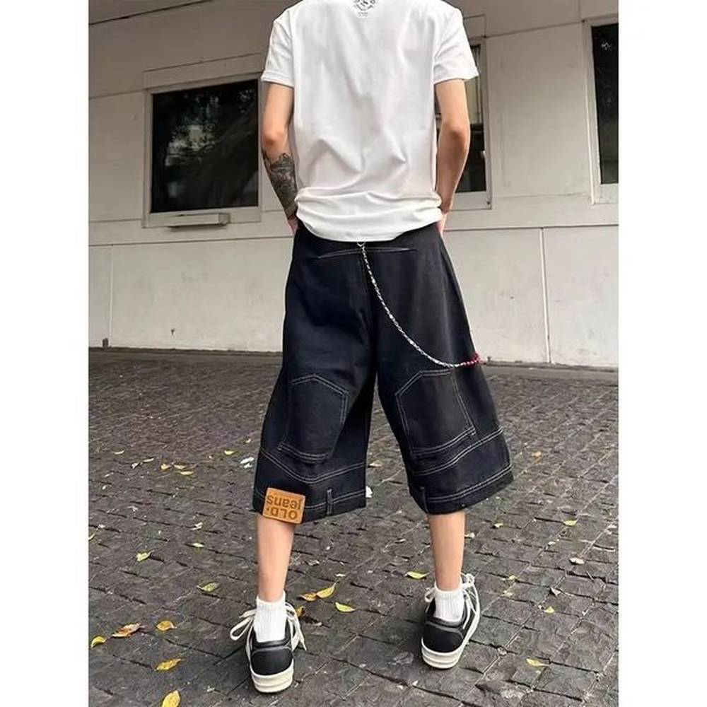 Hip Hop Retro Waist Inverted Men Denim Shorts Instagram Gothic Street Apparel Loose Straight Leg Pants Sports Pants 250211