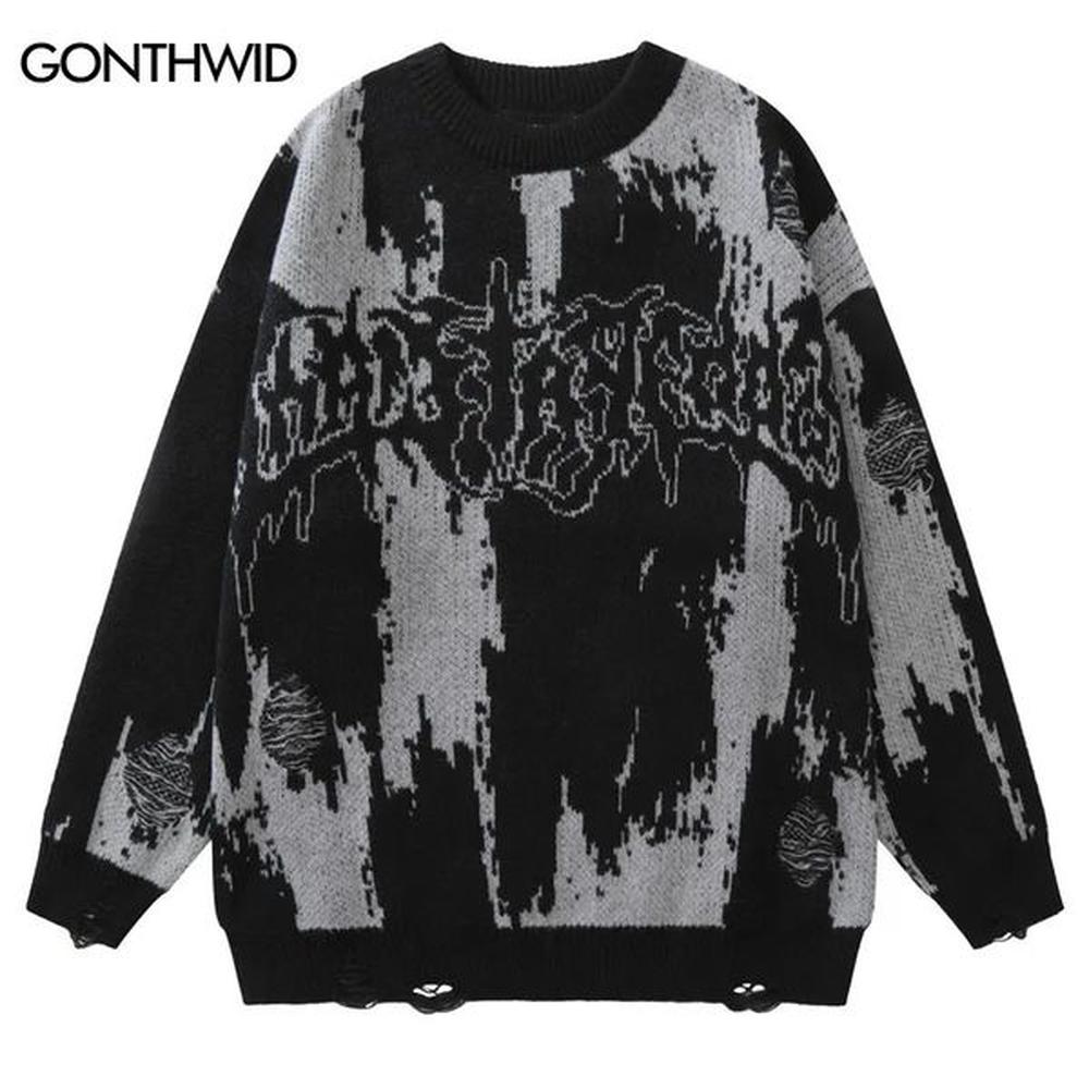 Hip Hop Ripped Sweaters Grunge Y2K Retro Knitted Punk Gothic Streetwear Jumper Mens Harajuku Fashion Pullover 241126