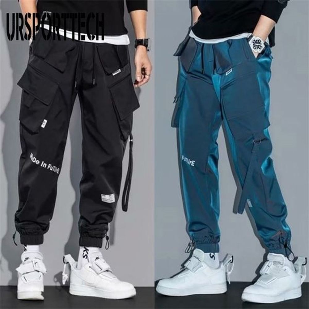 Hip Hop Streetwear Joggers Pants Men Student Casual Cargo Pant Trousers High Street Elastic Waist Loose Laser Harem Pant Boys 220509