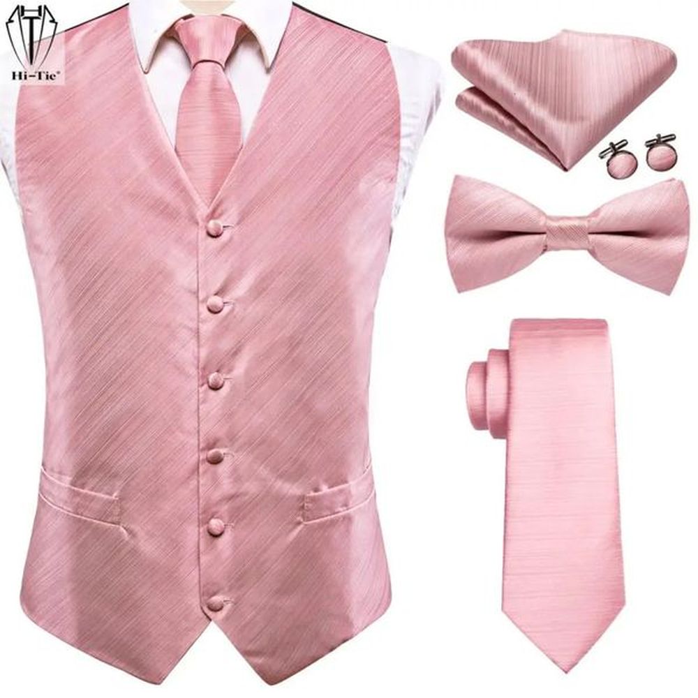 HiTie y Silk Mens Vests Rose Gold Pink Striped Waistcoat Necktie Bowtie Hanky Cufflinks Set Waist Jacket For Men Wedding 250108